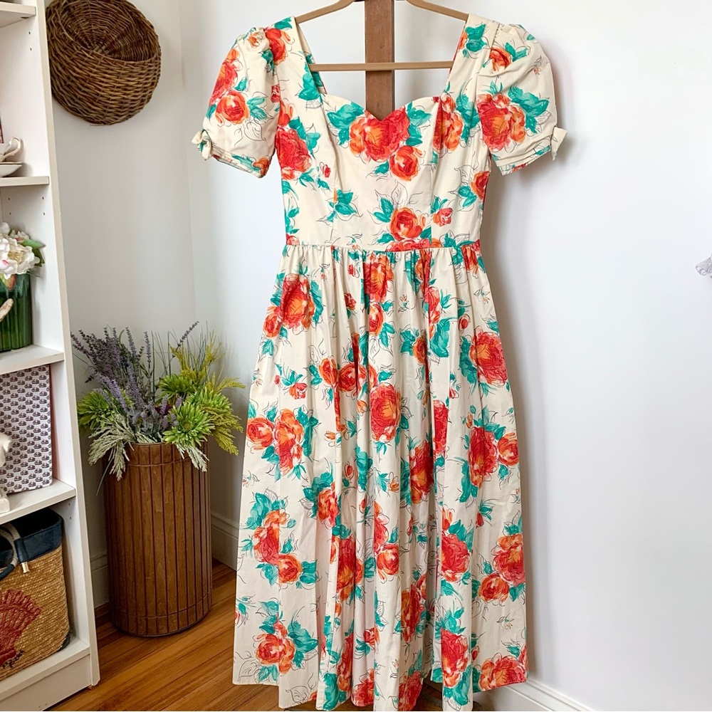 Laura Ashley Cream Floral Midi Dress with Red & Teal Flowers - Picture 15 of 15